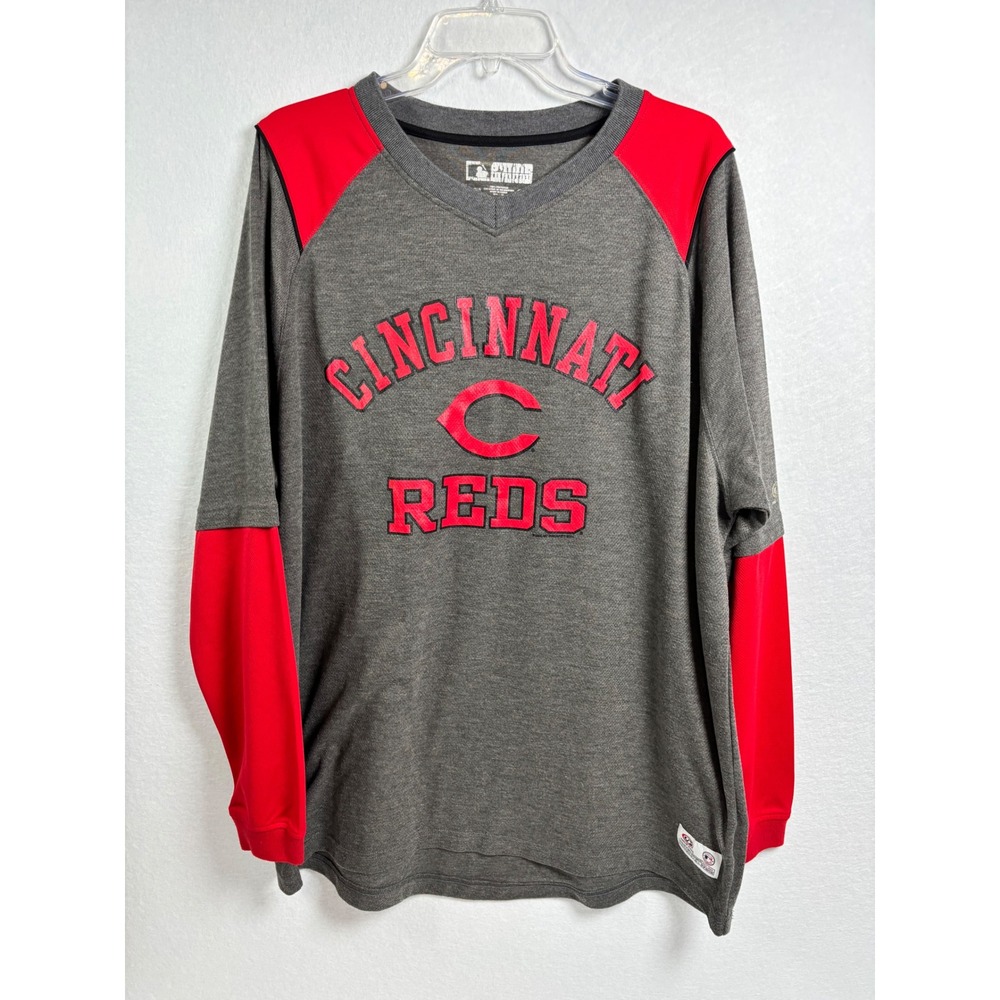 True Fan Cincinnati Reds MLB Long Sleeve Shirt Grey Red V-Neck Mens XXL 24349
